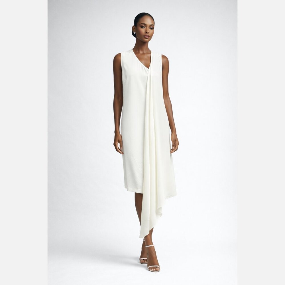 DKNY NWT Asymmetric Drape V-Neck Women's Chalk‎ White Shift Dress Size 6